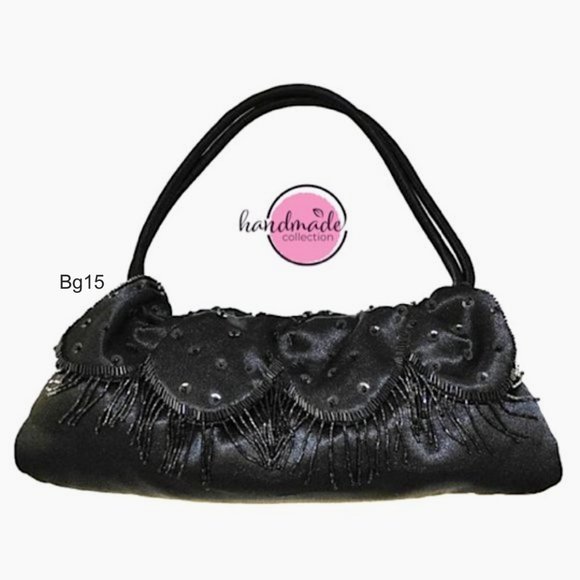 ADIR Black Satin Evening Bag Purse Dual Handles Scalloped Edges Sequin Tassels - Picture 1 of 12